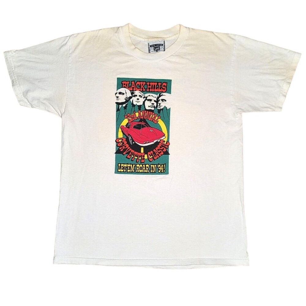 Vintage 90's Lee Mens T Shirt Sz L White 1994 Black Hills Corvette Graphic Tee